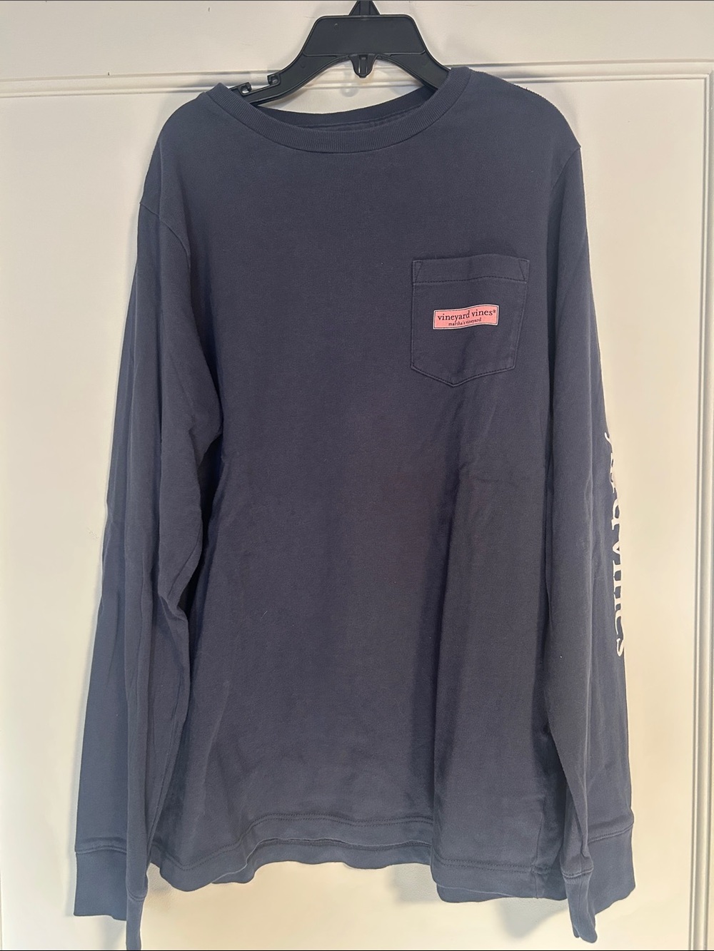 Vineyard Vines Navy Long Sleeve Pocket Tee with Pink Label